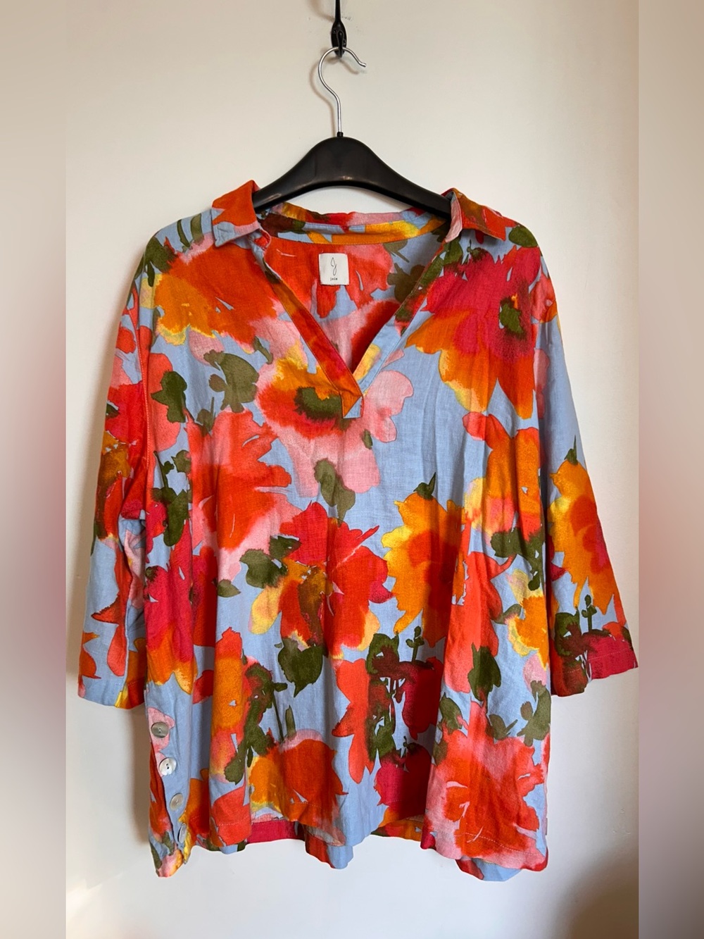 JOIE COLLARED TUNIC LINEN BLEND SHELL BUTTON DETAIL